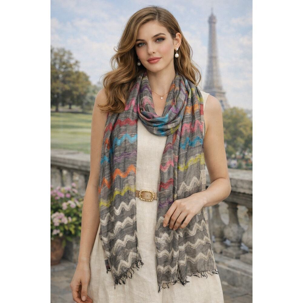 Lola Casademunt Linen Blend Chevron Print Scarf Gray Multi One Size